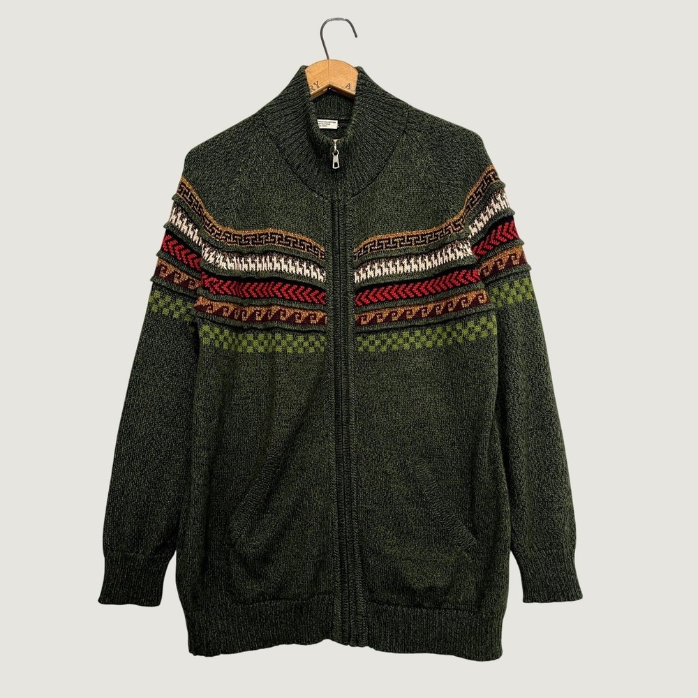 Peruvian Alpaca Collection 100% Baby Alpaca Full Zip Sweater Green Fair Isle L